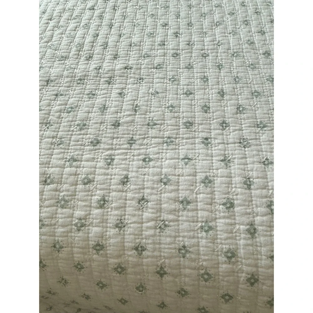 Boho Quilted King Bedding Set White Sage Green Pom Pom Trim Quilt 2 Shams